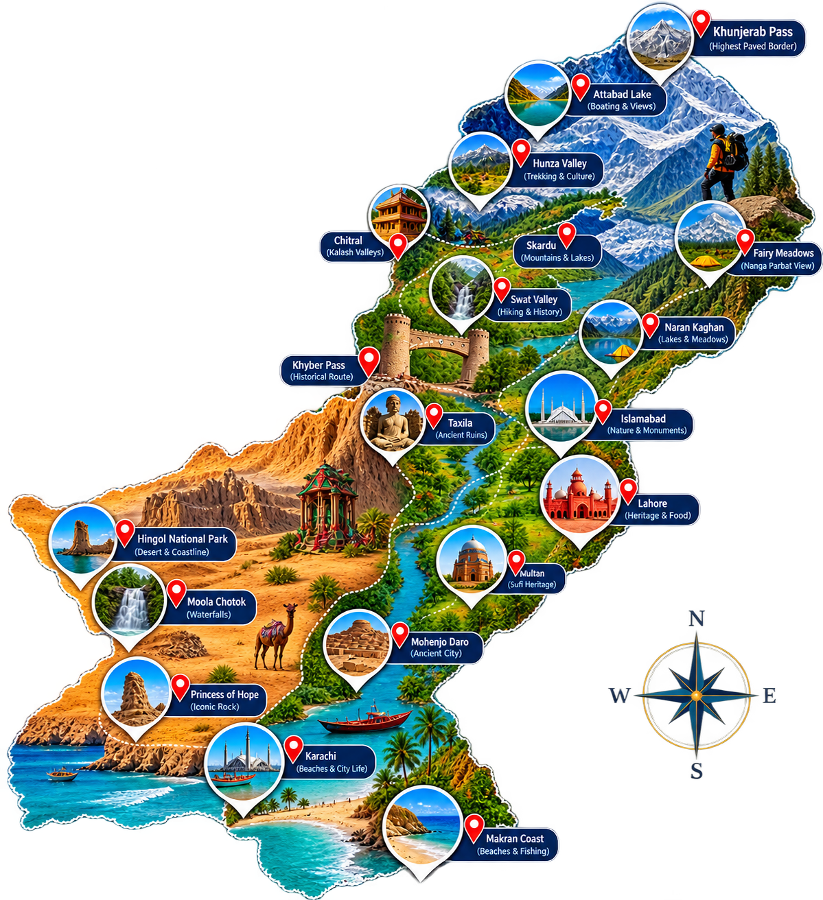 Map of Pakistan showing tour and travel hotspots across Gilgit Baltistan, Punjab, Sindh, and Balochistan